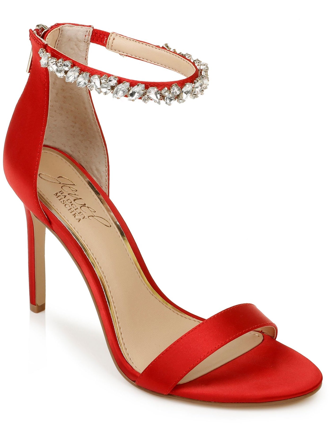 JEWEL BADGLEY MISCHKA Womens Red Ankle Strap Embellished Unique Round Toe Stiletto Zip-Up Dress Sandals Shoes 8.5 M