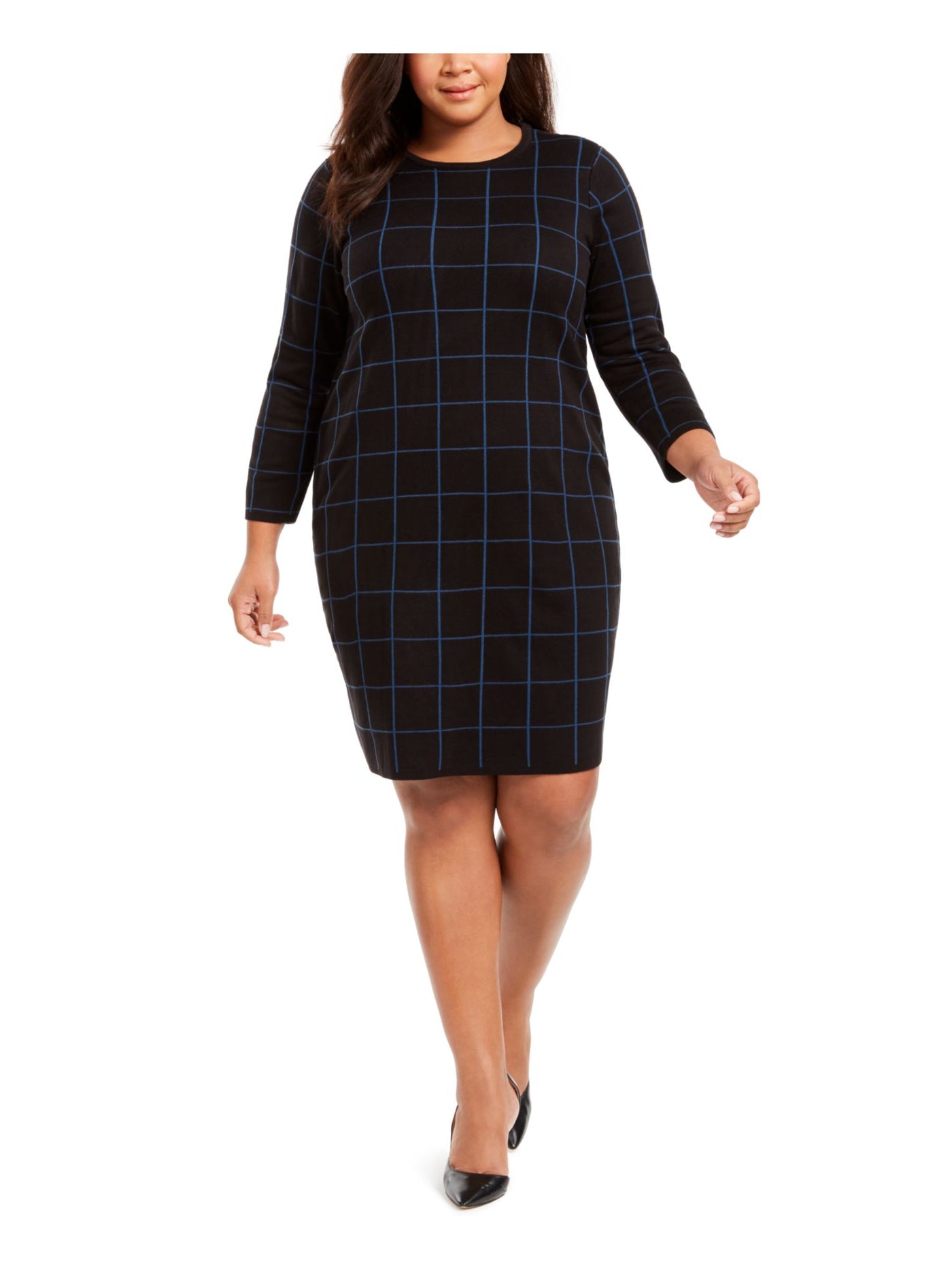 ANNE KLEIN Womens Black Check 3/4 Sleeve Jewel Neck Above The Knee Body Con Dress 0X