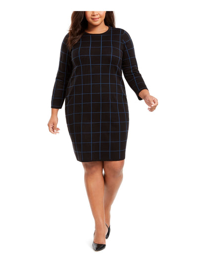 ANNE KLEIN Womens Black Check 3/4 Sleeve Jewel Neck Above The Knee Body Con Dress 0X