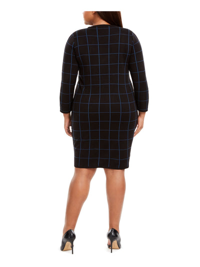 ANNE KLEIN Womens Black Check 3/4 Sleeve Jewel Neck Above The Knee Body Con Dress 0X