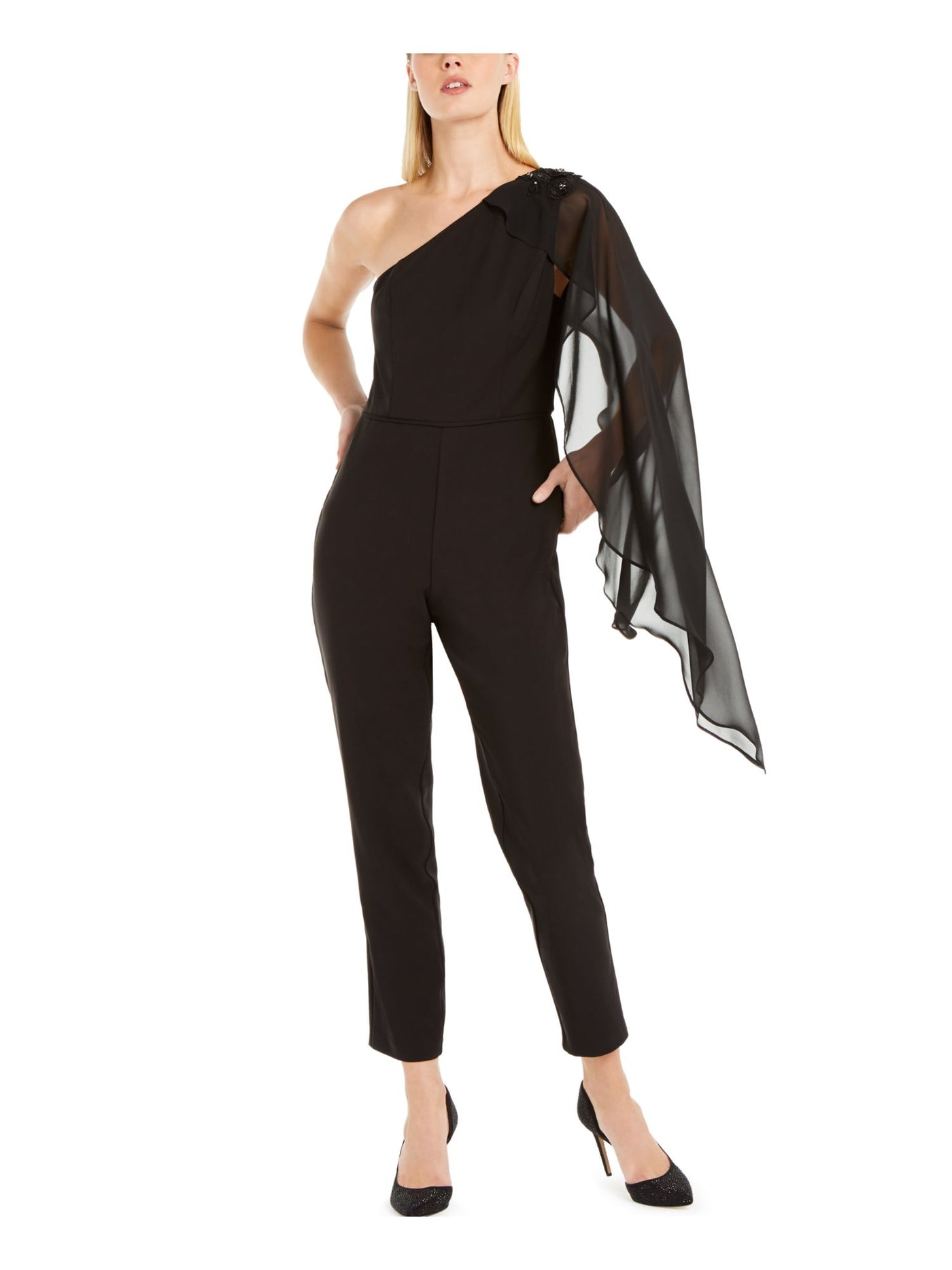 ADRIANNA PAPELL Womens Black Sheer Sleeve Long Sleeve Asymmetrical Neckline Evening Straight leg Jumpsuit 16