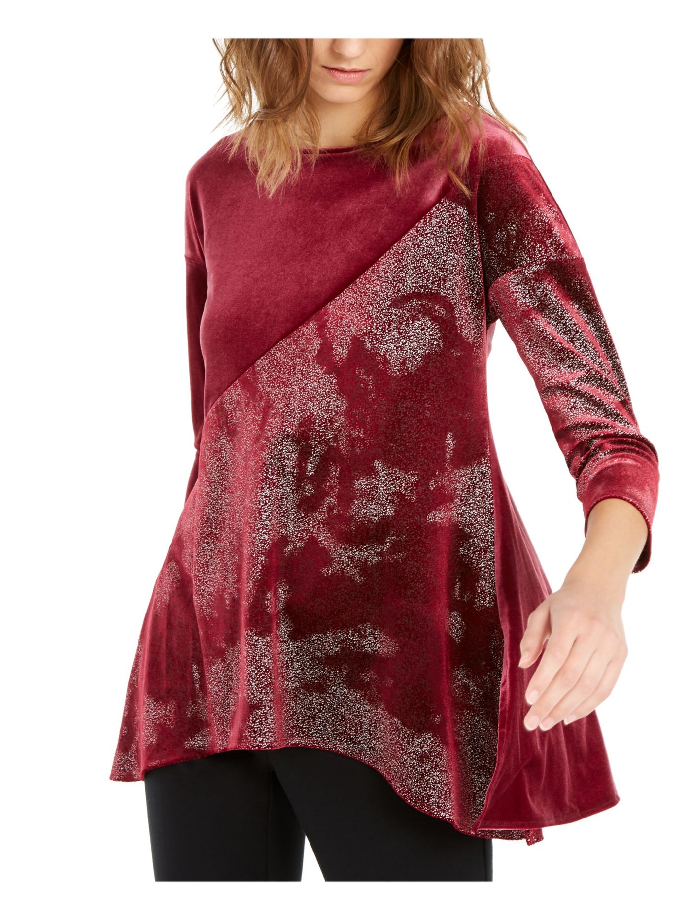 ALFANI Womens Red Speckle 3/4 Sleeve Crew Neck Evening Blouse S