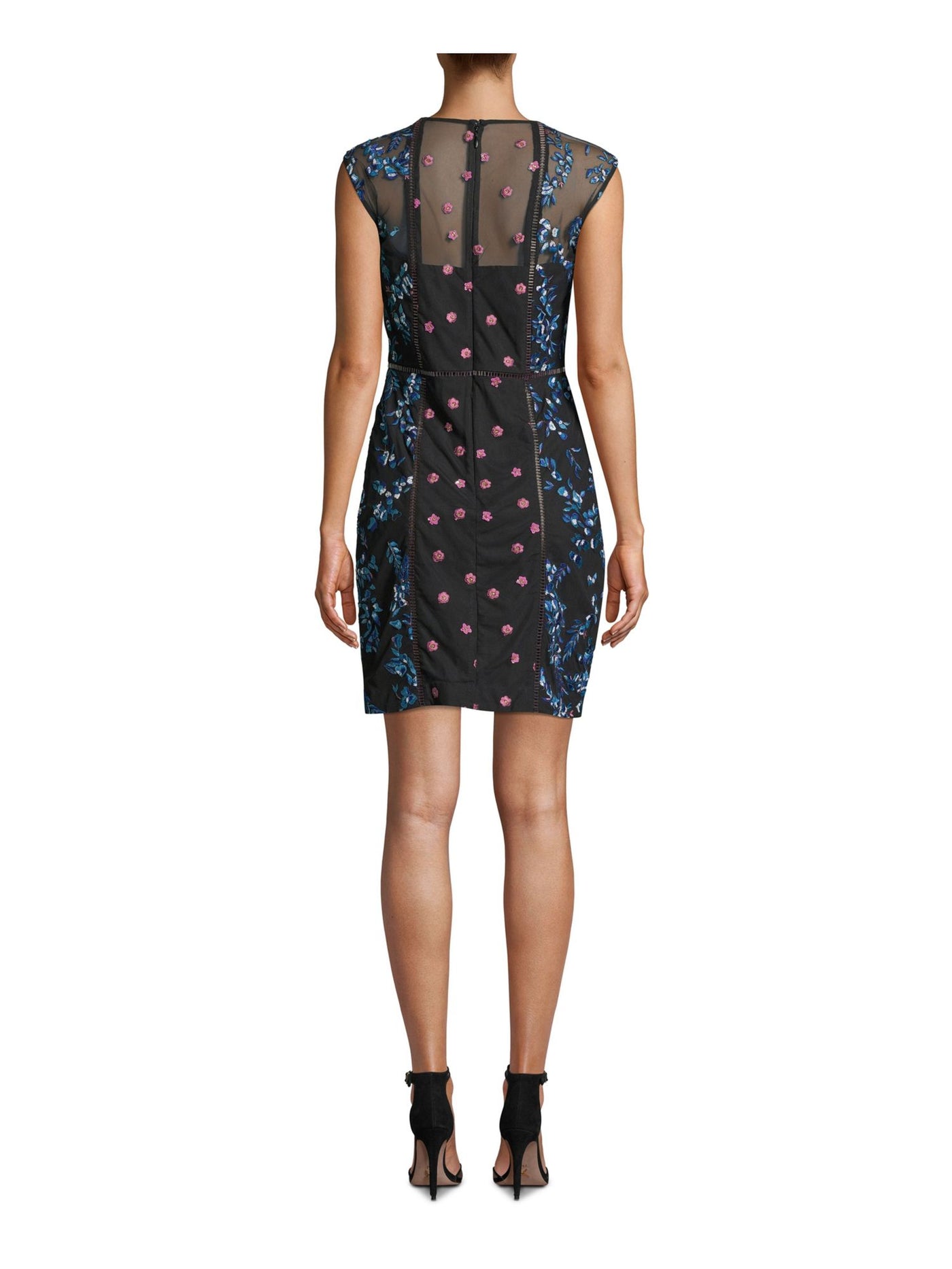 NICOLE MILLER Womens Black Embroidered Sheer Printed Sleeveless Illusion Neckline Mini Cocktail Sheath Dress 8