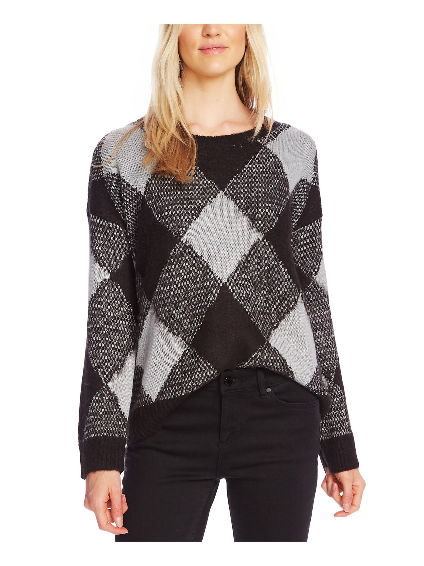 TWO BY VINCE CAMUTO Womens Gray Plaid Long Sleeve Crew Neck Sweater Size: M