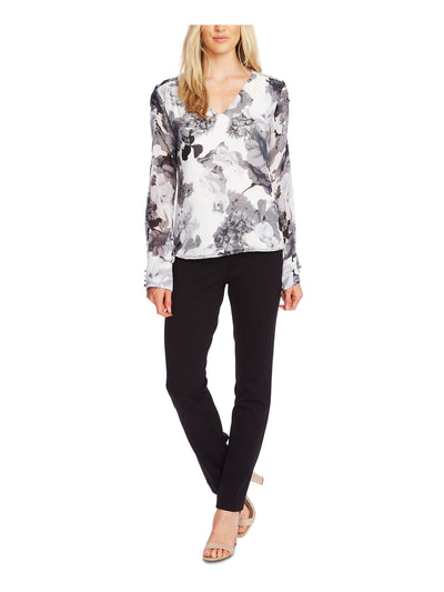 VINCE CAMUTO Womens White Floral Long Sleeve V Neck Top S