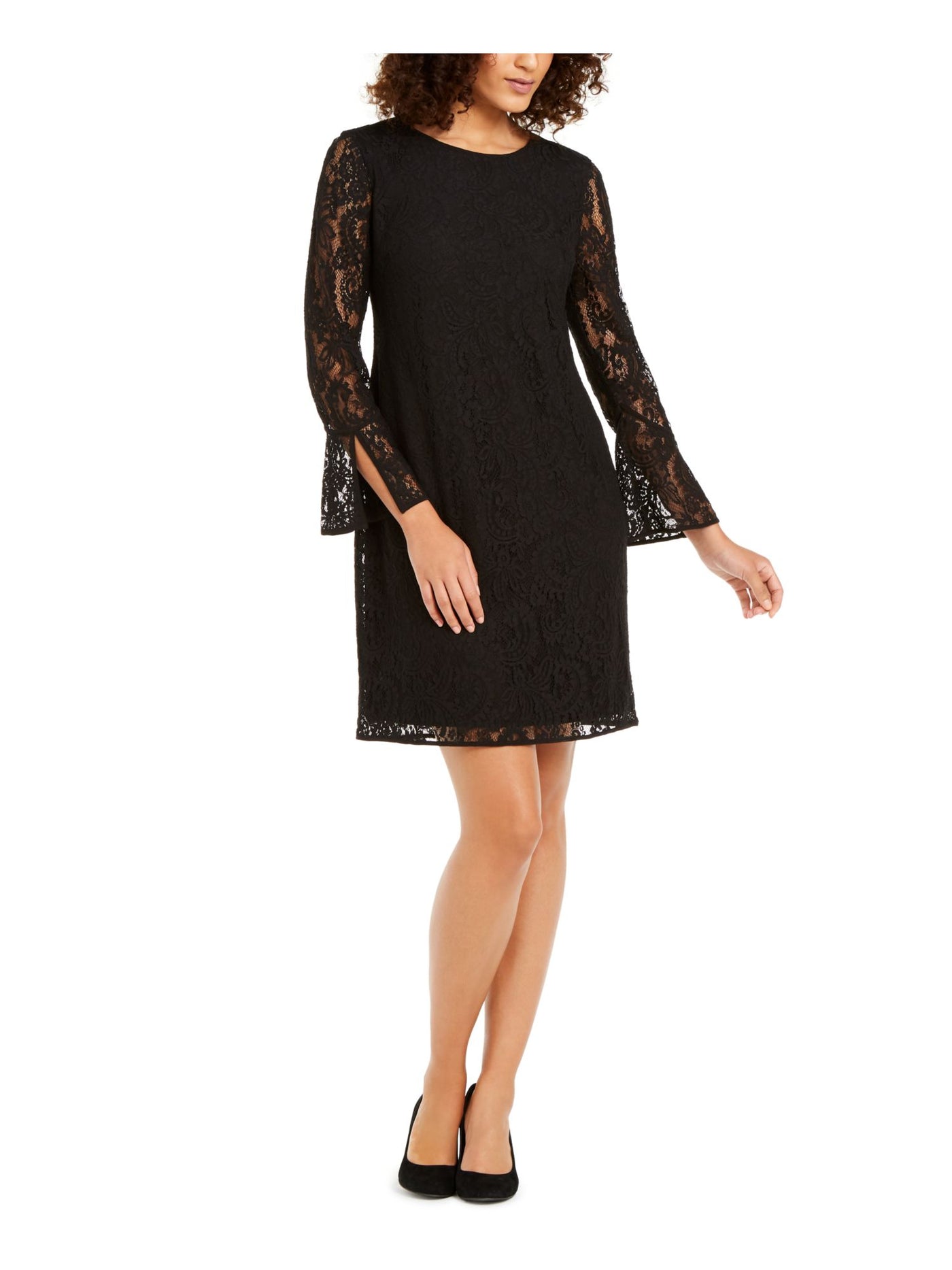 ANNE KLEIN Womens Black Lace Long Sleeve Jewel Neck Above The Knee Sheath Dress 2