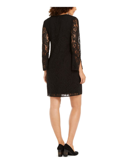 ANNE KLEIN Womens Black Lace Long Sleeve Jewel Neck Above The Knee Sheath Dress 0