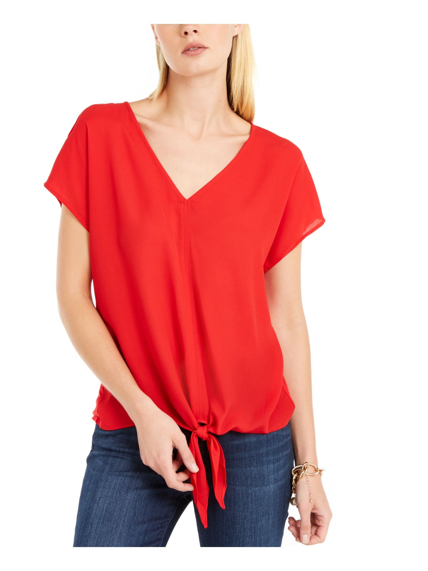 INC Womens Red Short Sleeve V Neck Top XS