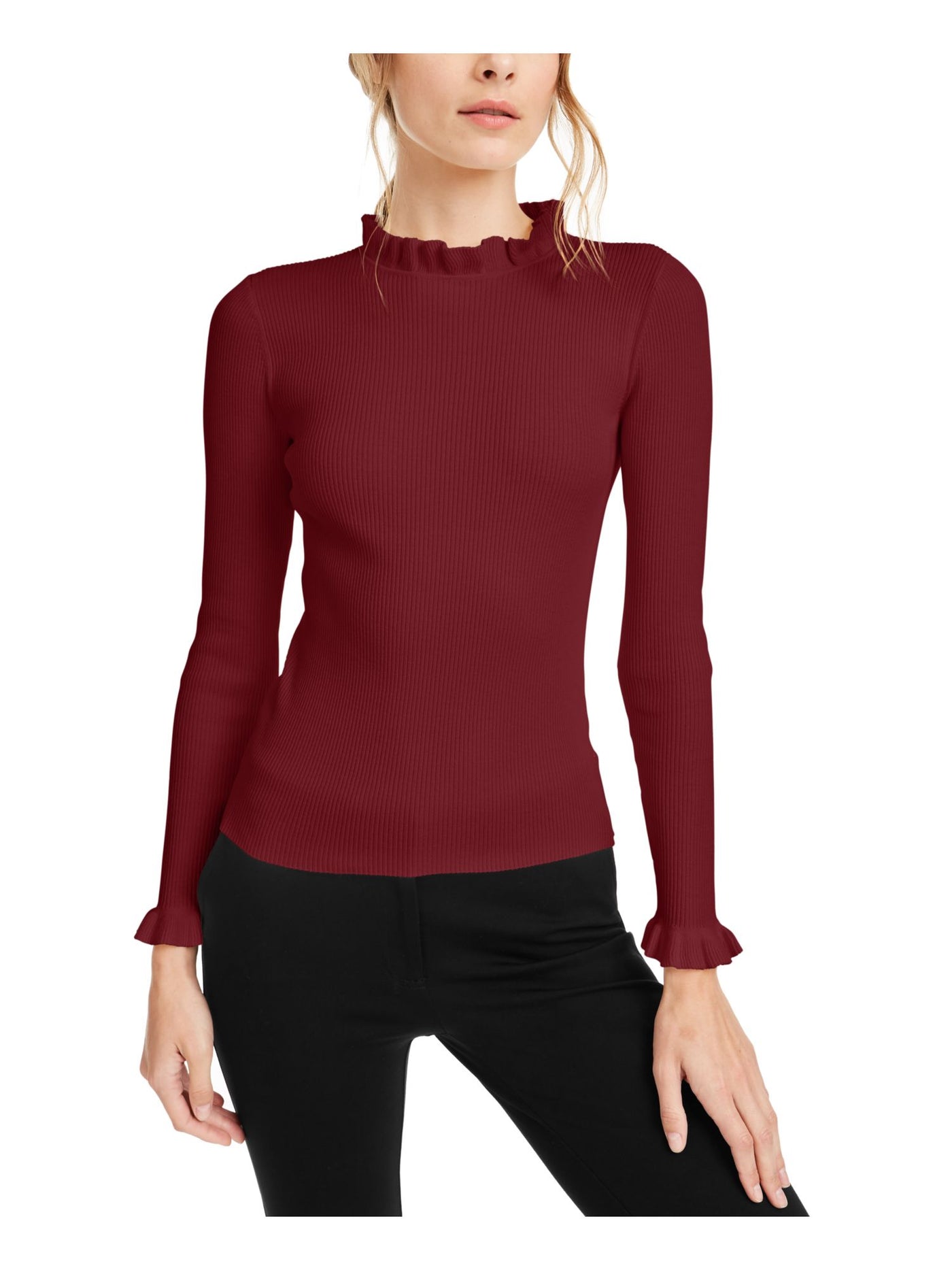 ANNE KLEIN Womens Red Ruffled Long Sleeve Mock T-Shirt L
