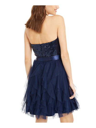 TEEZE ME Womens Sequined Zippered Zippered Sleeveless Halter Above The Knee Party Fit + Flare Dress