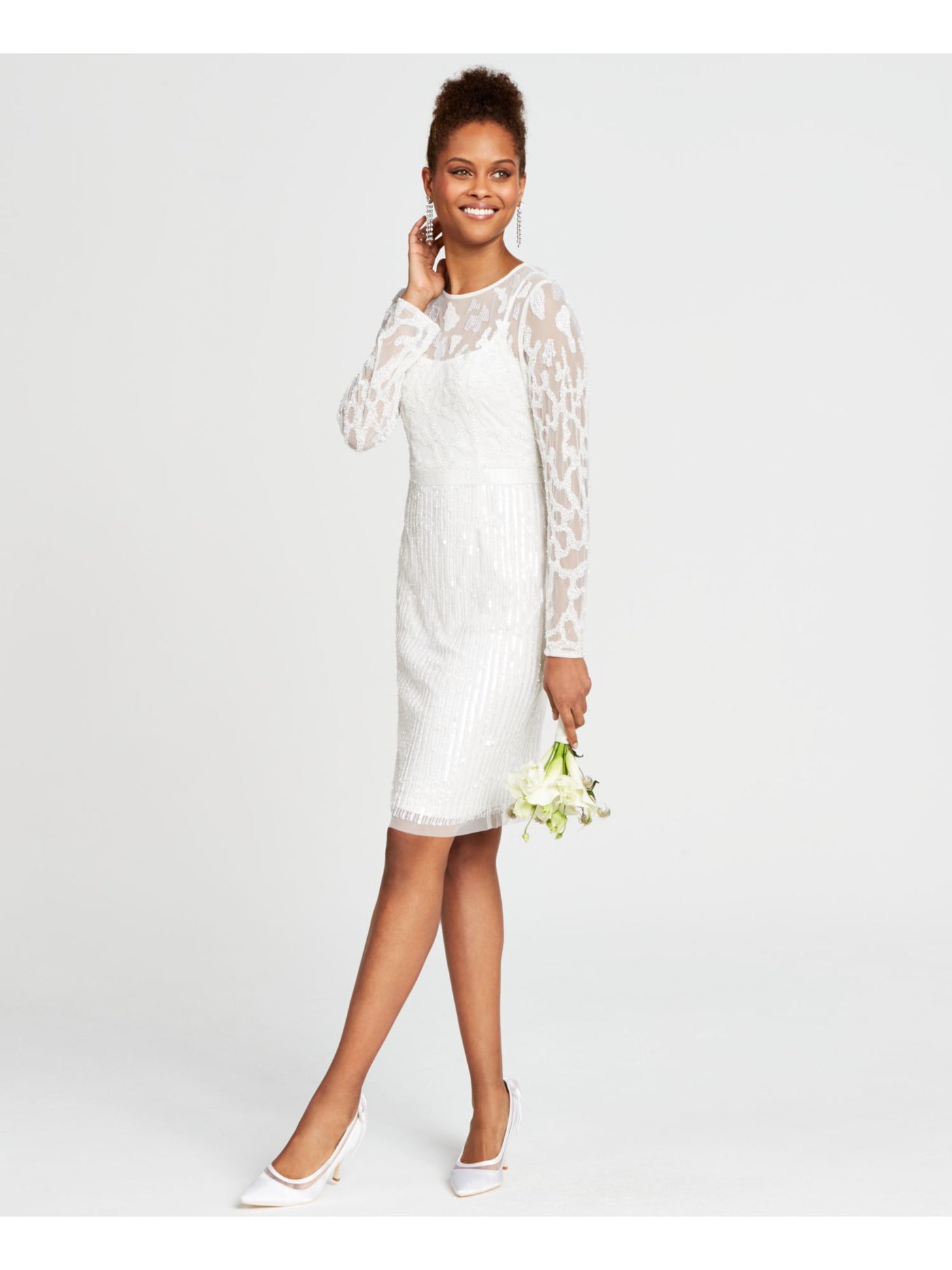 ADRIANNA PAPELL Womens White Beaded Sequined Zippered Printed Long Sleeve Illusion Neckline Above The Knee Formal Sheath Dress 8