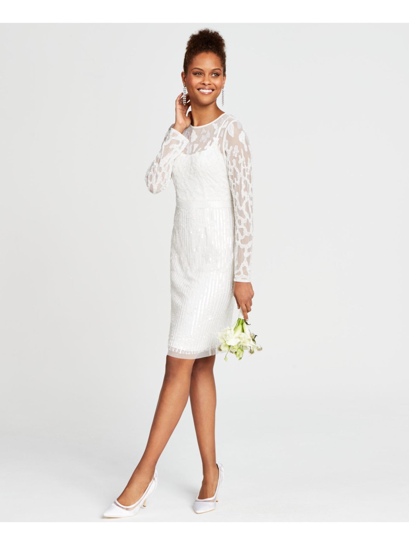 ADRIANNA PAPELL Womens White Beaded Sequined Zippered Printed Long Sleeve Illusion Neckline Above The Knee Formal Sheath Dress 10