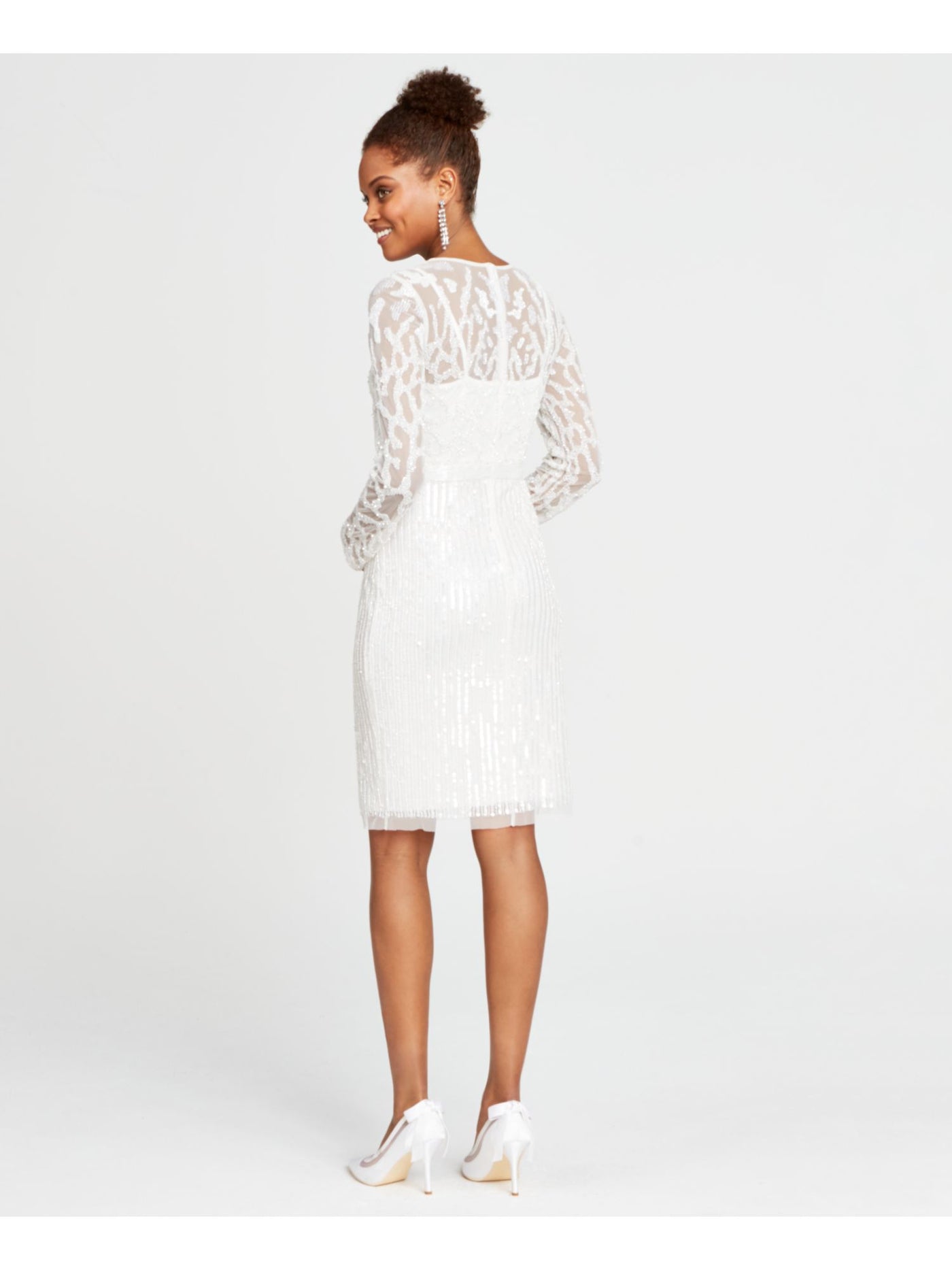 ADRIANNA PAPELL Womens White Beaded Sequined Zippered Printed Long Sleeve Illusion Neckline Above The Knee Formal Sheath Dress 8