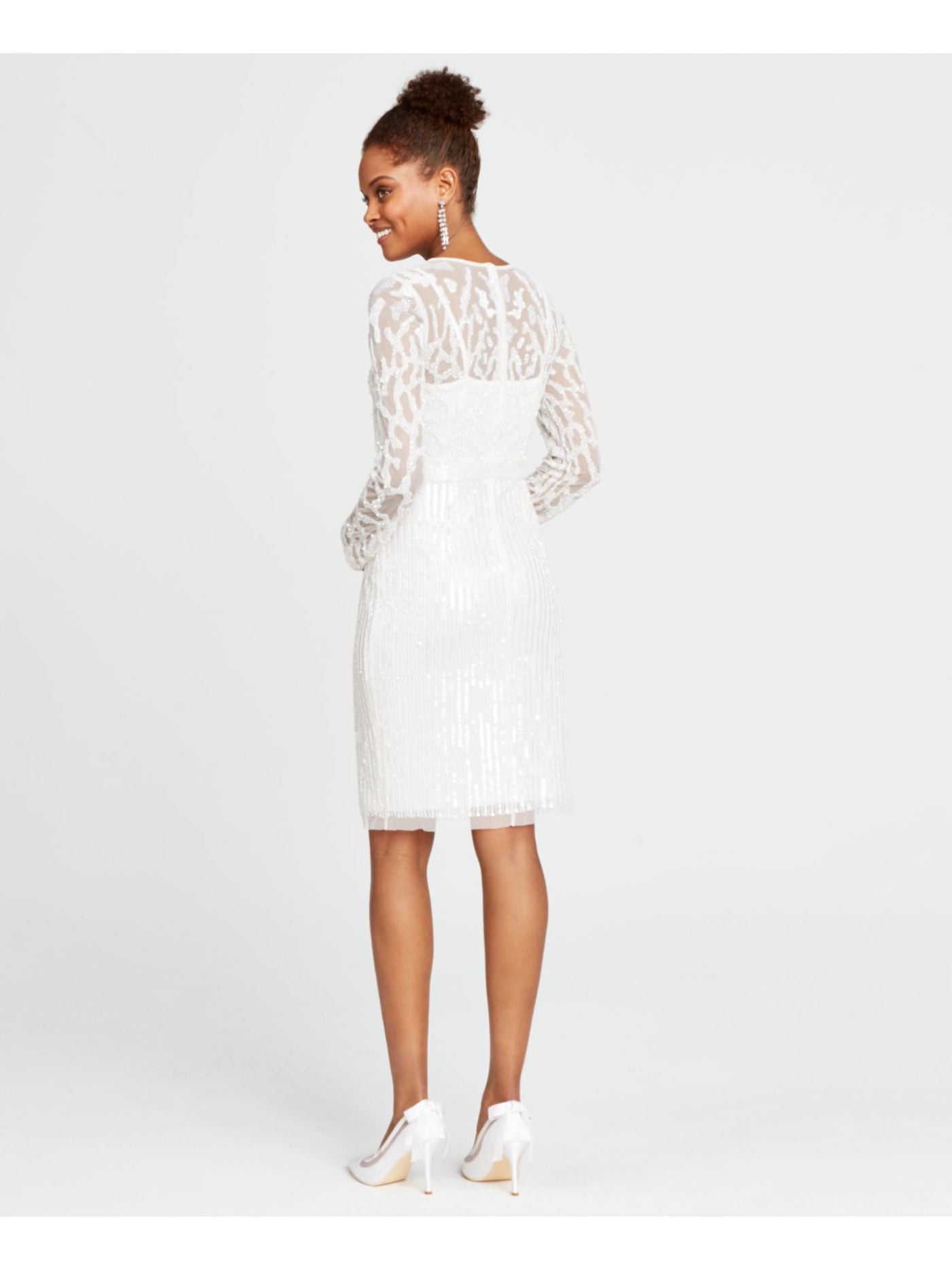 ADRIANNA PAPELL Womens White Beaded Sequined Zippered Printed Long Sleeve Illusion Neckline Above The Knee Formal Sheath Dress 6