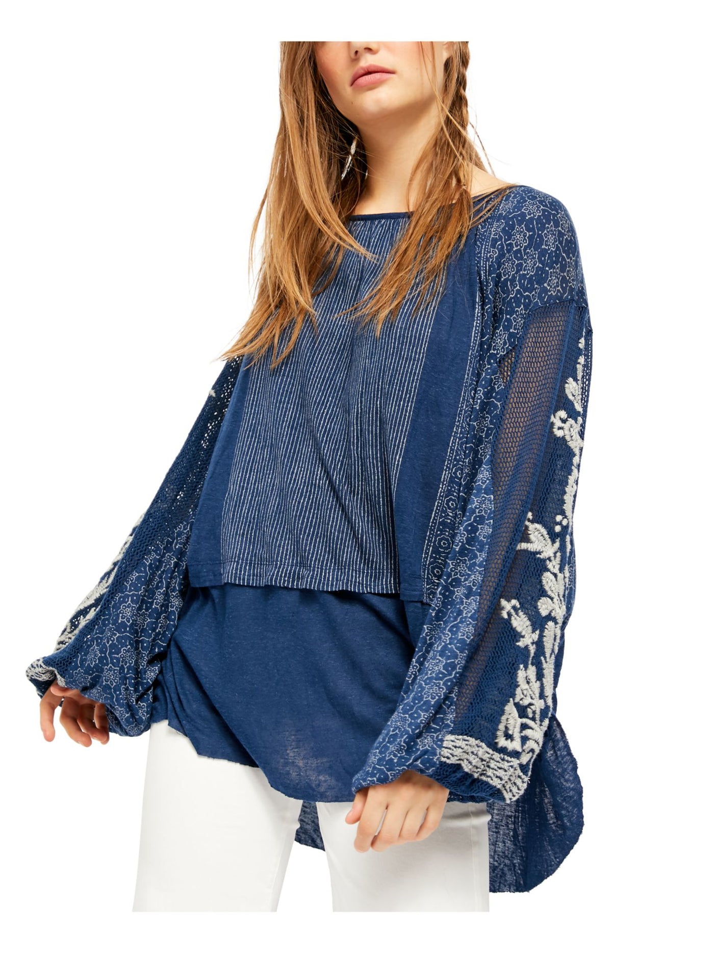 FREE PEOPLE Womens Blue Embroidered Bell Sleeve Scoop Neck Tunic Top XS