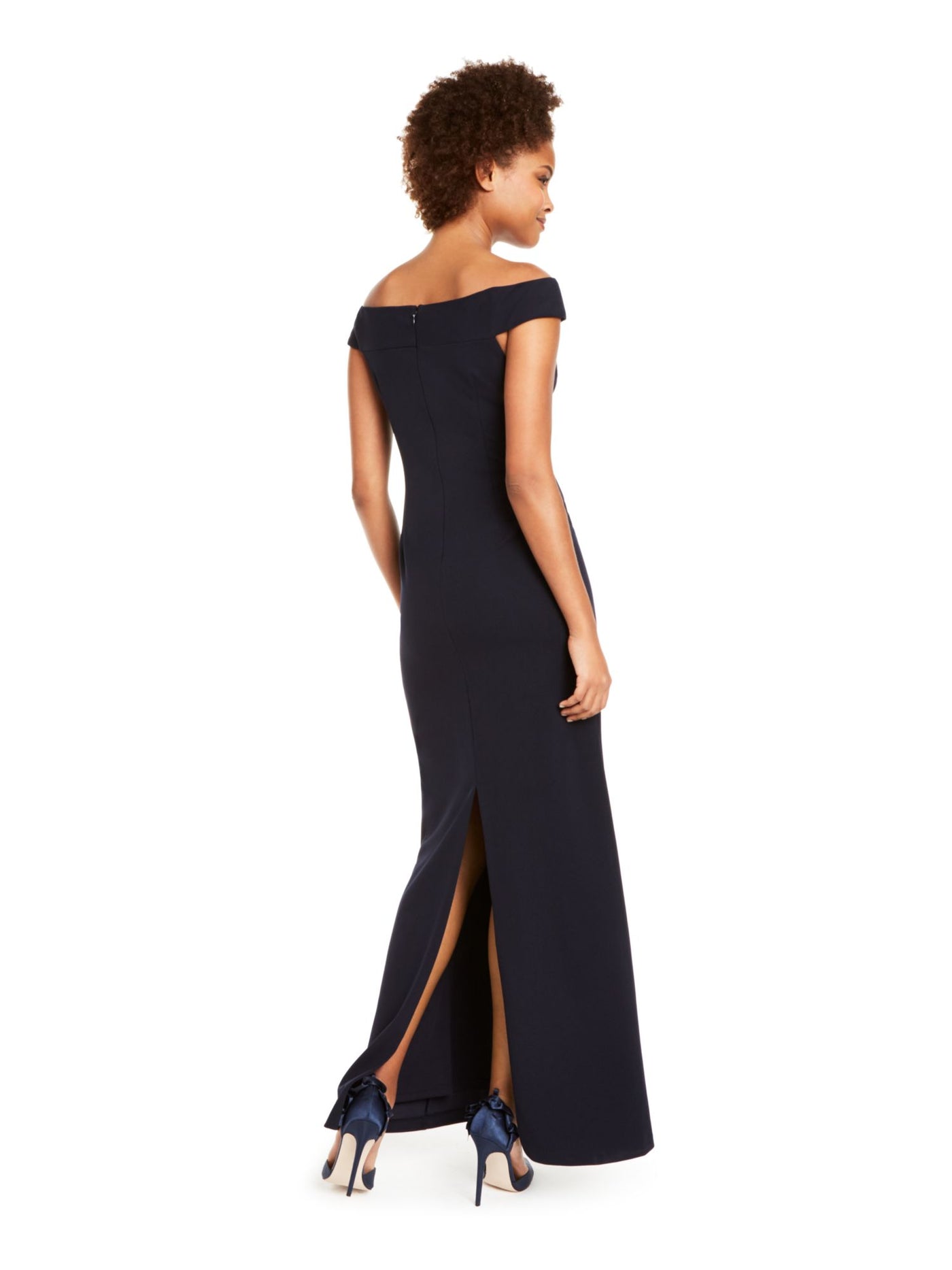 ADRIANNA PAPELL Womens Navy Slitted Cap Sleeve Off Shoulder Full-Length Formal Sheath Dress 8