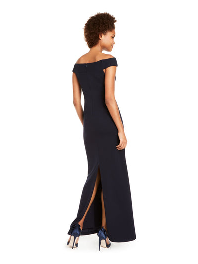 ADRIANNA PAPELL Womens Navy Slitted Cap Sleeve Off Shoulder Full-Length Formal Sheath Dress 10