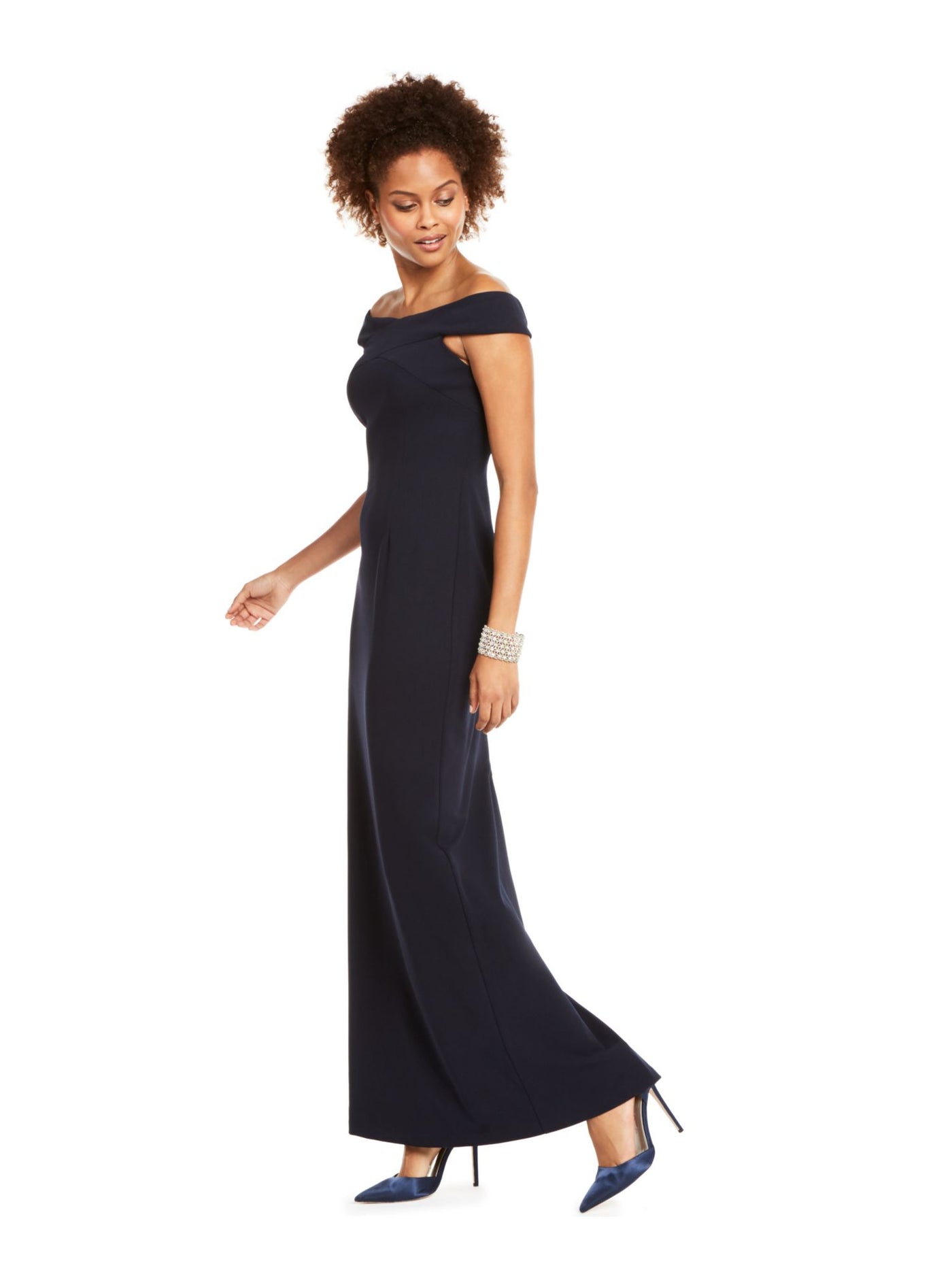 ADRIANNA PAPELL Womens Navy Slitted Cap Sleeve Off Shoulder Full-Length Formal Sheath Dress 2