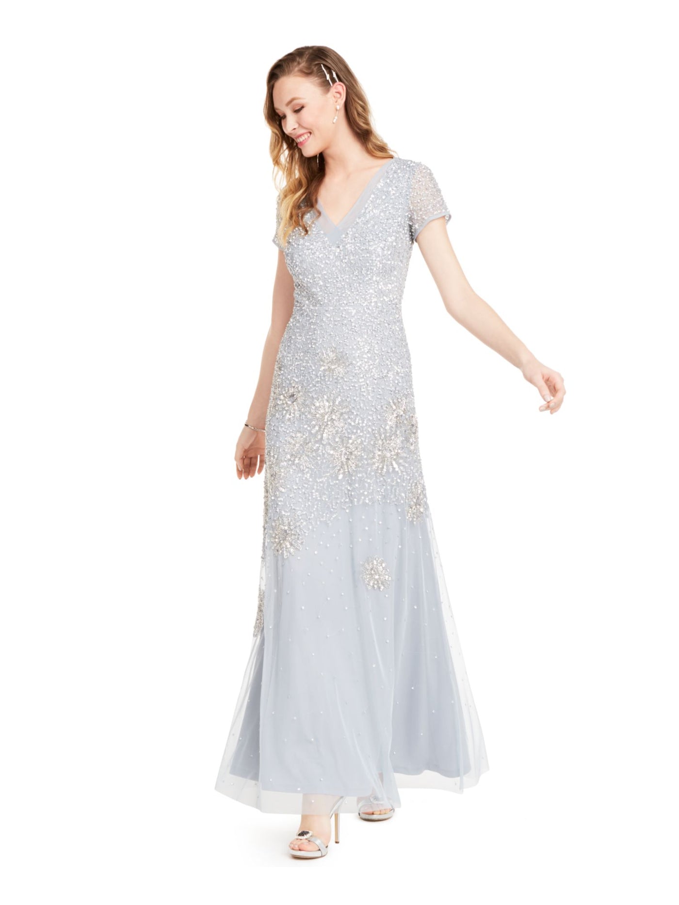 ADRIANNA PAPELL Womens Light Blue Sequined Zippered Short Sleeve V Neck Full-Length Formal Sheath Dress 10