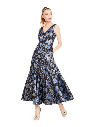 ADRIANNA PAPELL Womens Navy Pocketed Zippered Trumpet Floral Sleeveless V Neck Maxi Formal Fit + Flare Dress 8