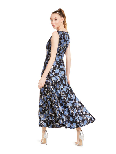 ADRIANNA PAPELL Womens Navy Pocketed Zippered Trumpet Floral Sleeveless V Neck Maxi Formal Fit + Flare Dress 8