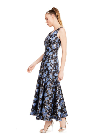 ADRIANNA PAPELL Womens Navy Pocketed Zippered Trumpet Floral Sleeveless V Neck Maxi Formal Fit + Flare Dress 8