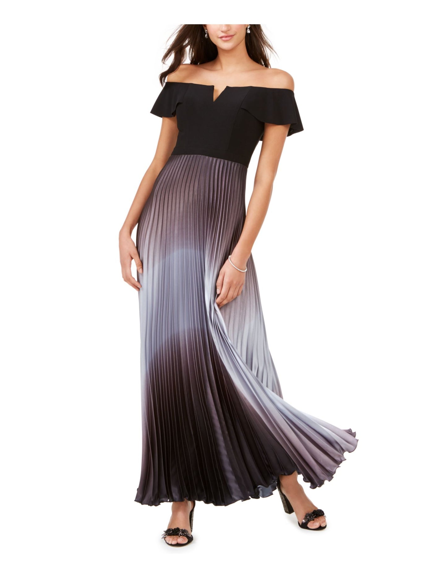 BETSY & ADAM Womens Black Ombre Off Shoulder Maxi Evening Pleated Dress 2