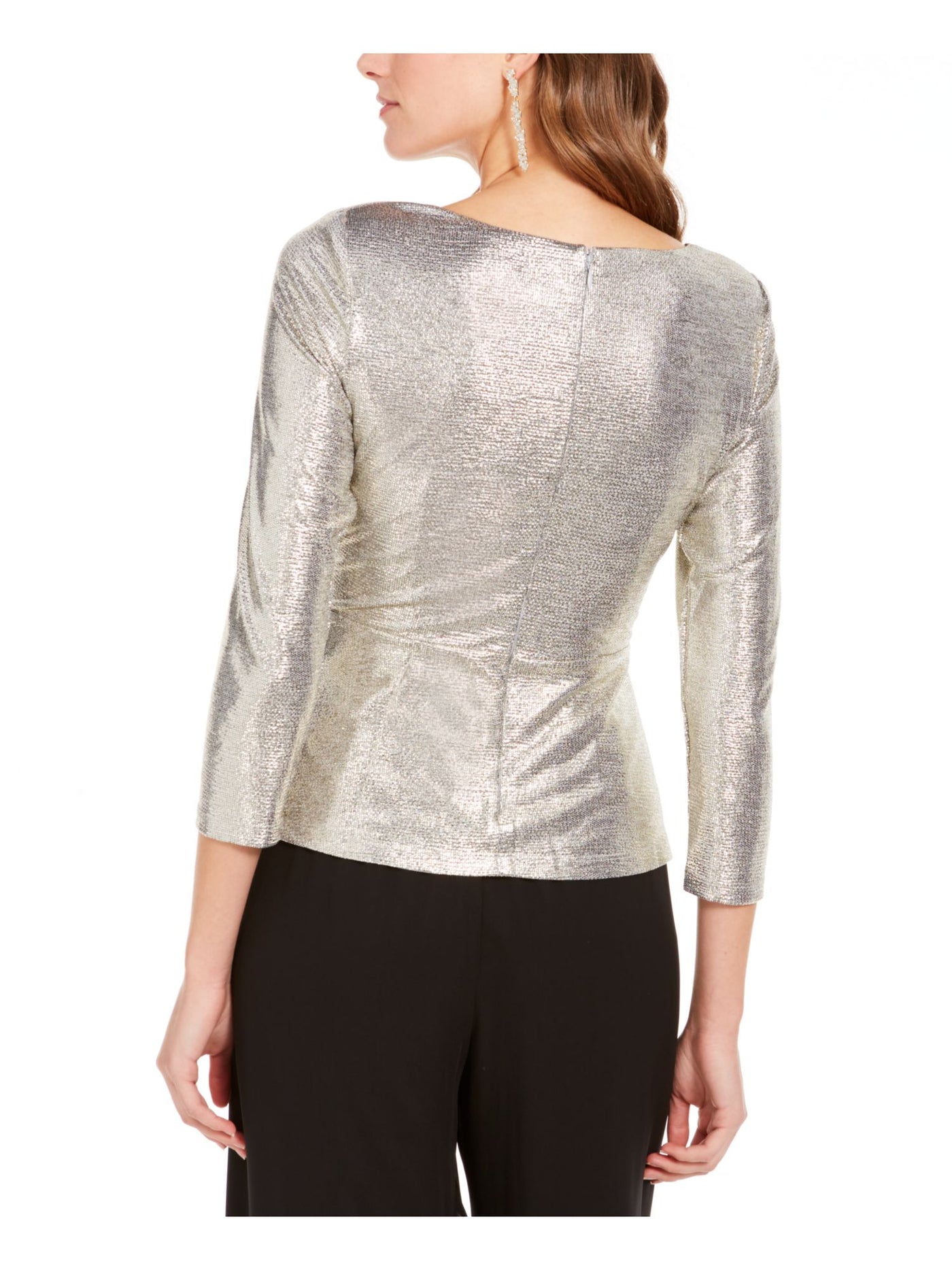 ADRIANNA PAPELL Womens Gold Tie Metallic 3/4 Sleeve Surplice Neckline Party Faux Wrap Top 2