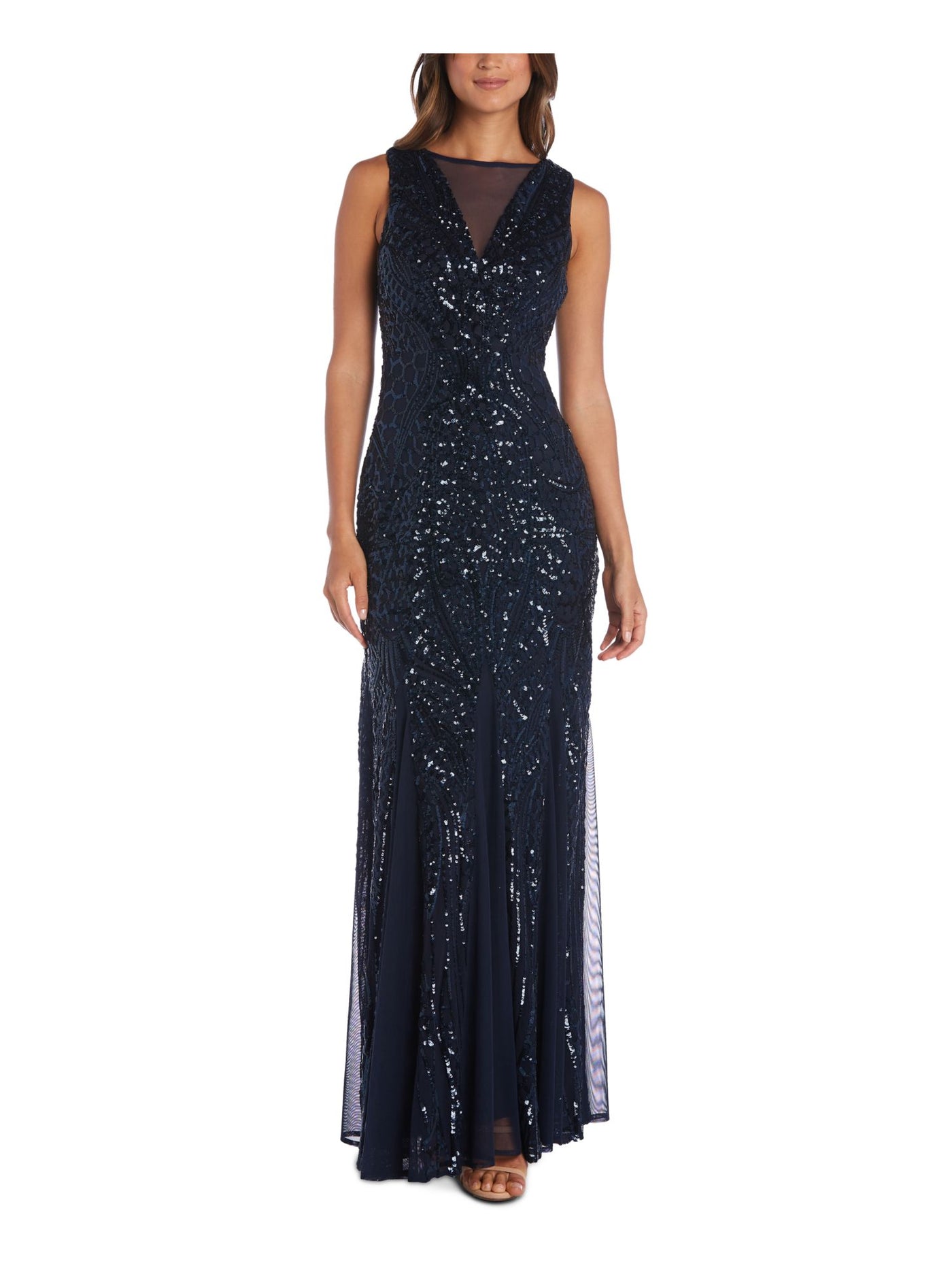 NIGHTWAY Womens Navy Sequined Zippered Mesh Gown Sleeveless Illusion Neckline Maxi Evening Dress 8