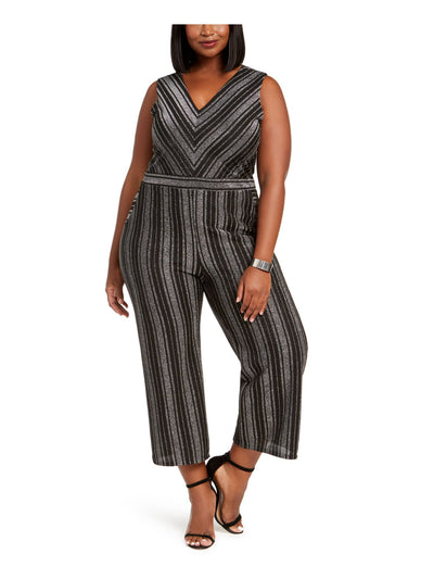 MONTEAU Womens Black Pocketed Striped Sleeveless V Neck Evening Wide Leg Jumpsuit 1X