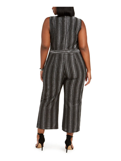 MONTEAU Womens Black Pocketed Striped Sleeveless V Neck Evening Wide Leg Jumpsuit 1X