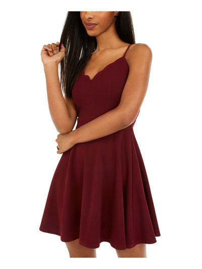 B DARLIN Womens Burgundy Stretch Scalloped Zippered Adjustable Straps Spaghetti Strap V Neck Mini Evening Fit + Flare Dress 1\2