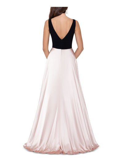BETSY & ADAM Womens Black Pocketed Color Block Sleeveless V Neck Full-Length Evening Dress 2