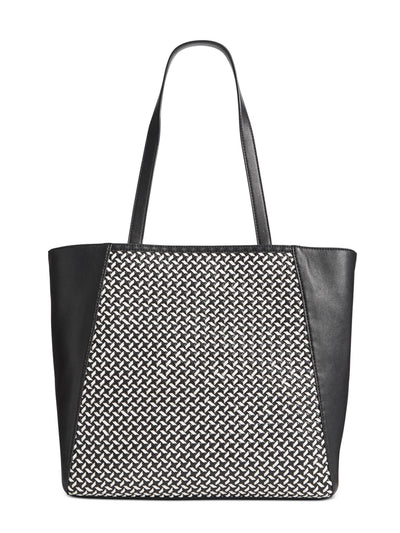 INC Women's Black Leather Woven Double Flat Strap Tote Handbag Purse