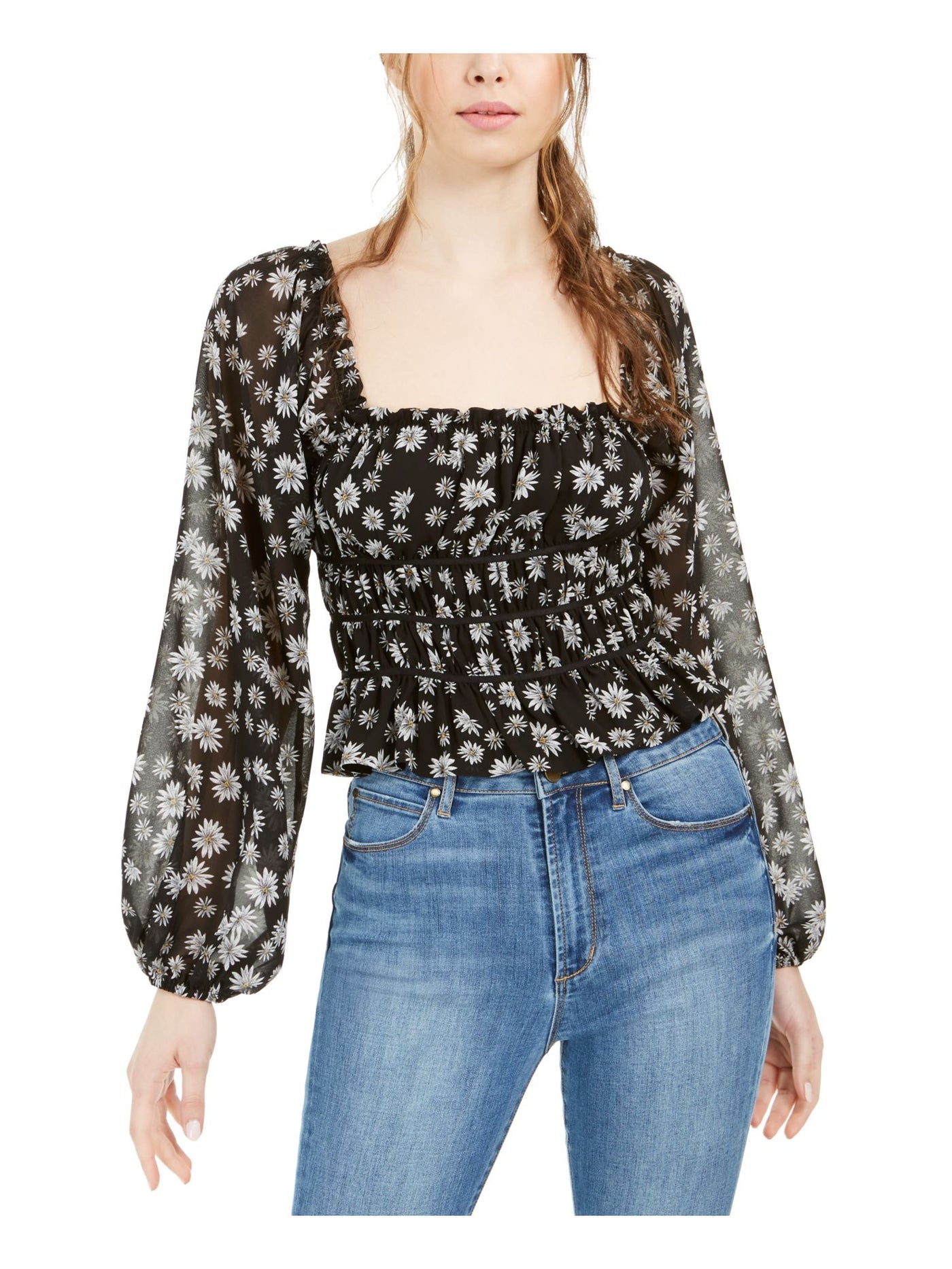 LEYDEN Womens Black Ruched Cropped Floral Long Sleeve Square Neck Top S