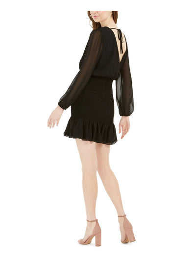 LEYDEN Womens Black Smocked Long Sleeve Surplice Neckline Mini Evening Fit + Flare Dress L