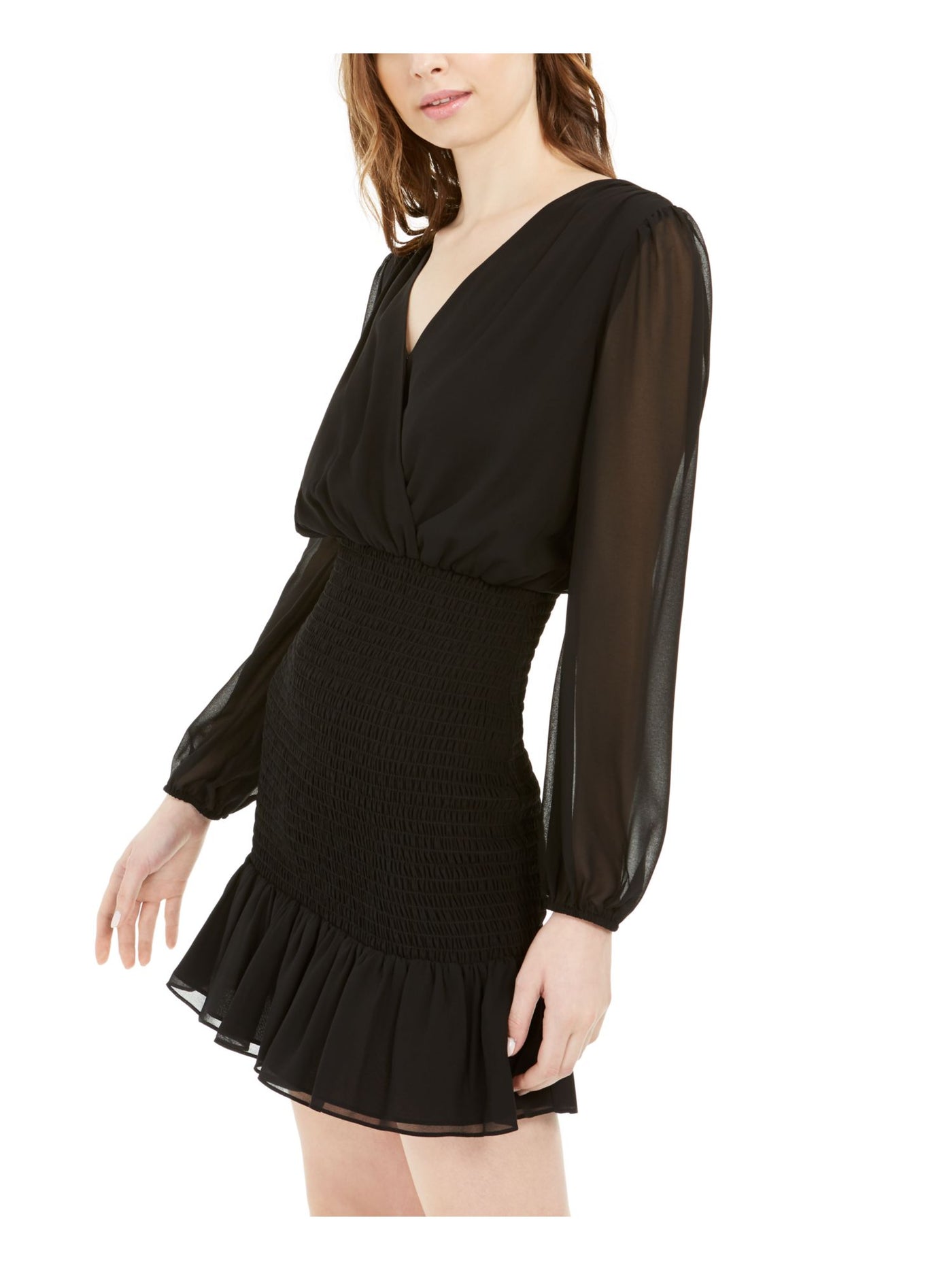 LEYDEN Womens Black Smocked Sheer Ruffle Hem Long Sleeve Surplice Neckline Mini Evening Fit + Flare Dress S