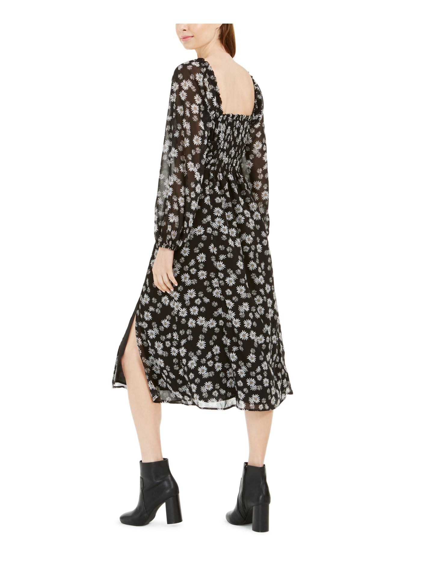 LEYDEN Womens Black Slitted Floral Square Neck Below The Knee Fit + Flare Dress S