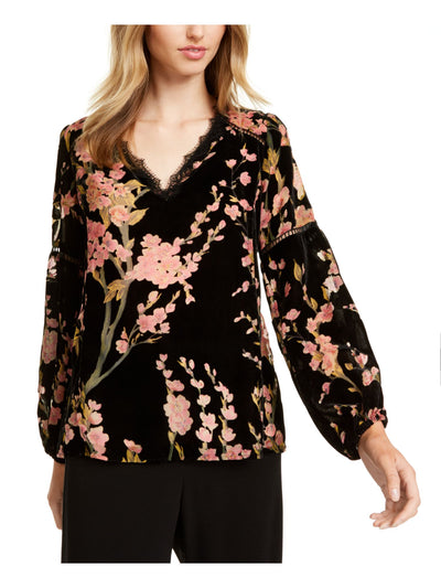 NANETTE LEPORE Womens Black Floral Long Sleeve V Neck Top 0