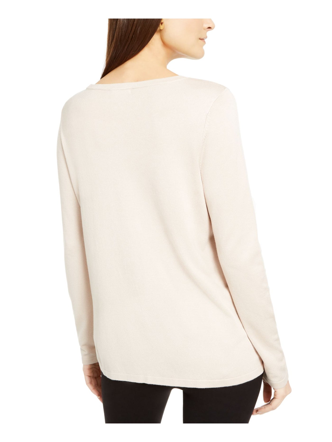 ALFANI Womens Beige Embellished Long Sleeve Scoop Neck Sweater L