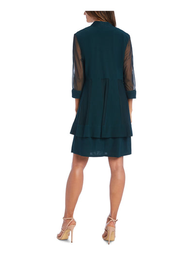 R&M RICHARDS Womens Green Stretch Textured Sheer Open Front 3/4 Sleeve Scoop Neck Above The Knee Evening Sheath Dress Petites 4P