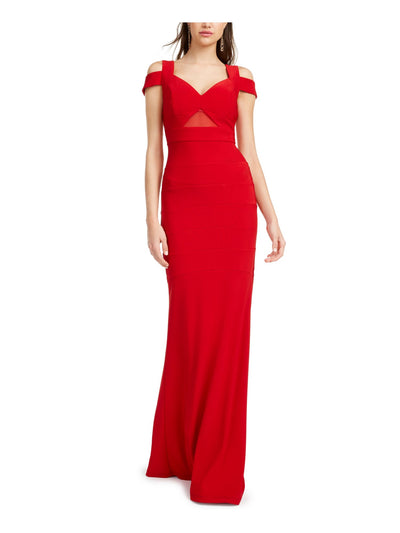 EMERALD SUNDAE Womens Red Cold Shoulder Spaghetti Strap V Neck Full-Length Formal Sheath Dress Juniors M