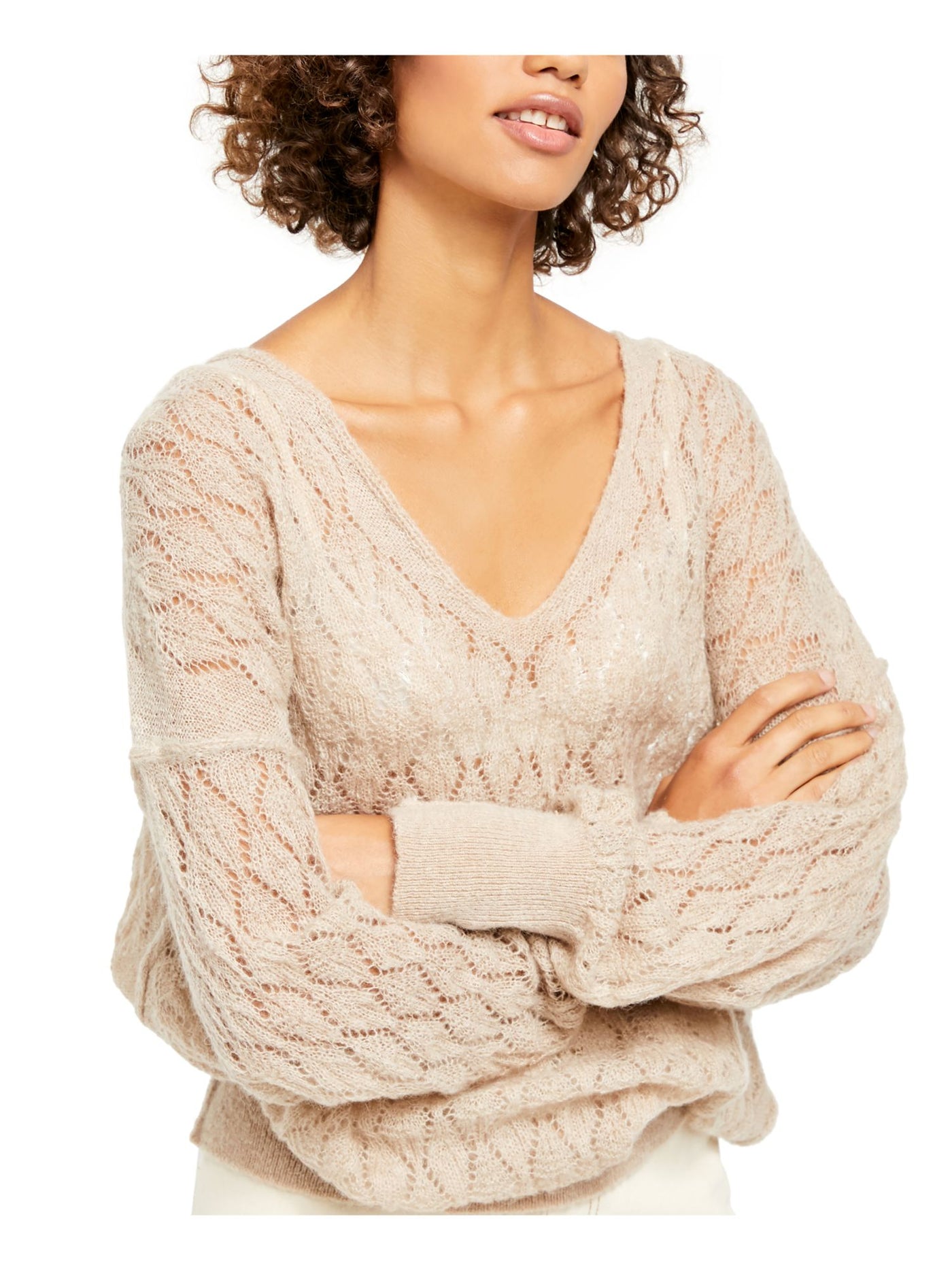 FREE PEOPLE Womens Beige Eyelet Long Sleeve V Neck Top L