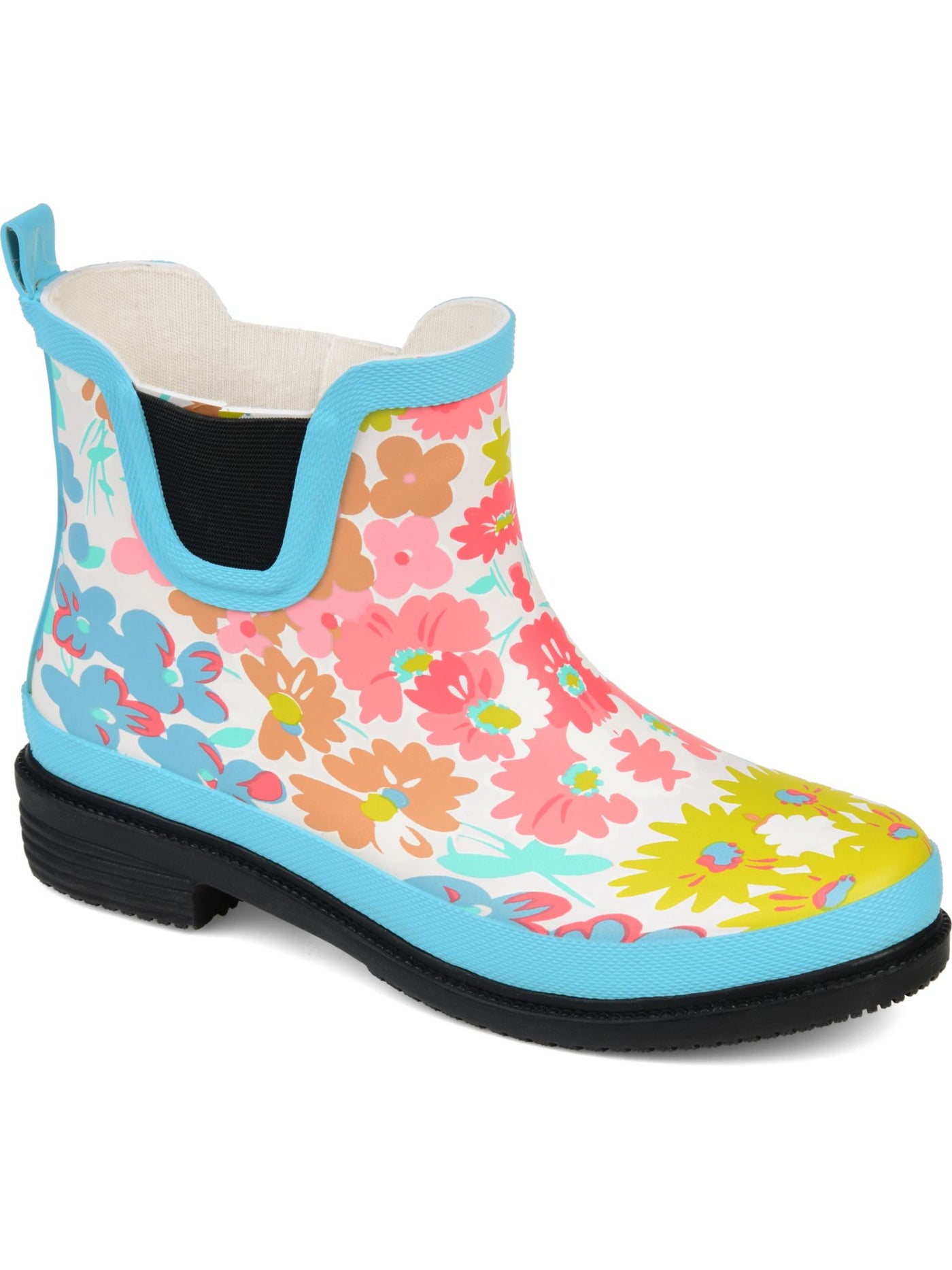 JOURNEE COLLECTION Womens Turquoise Floral Stretch Gore Back Pull-Tab Water Resistant Padded Tekoa Round Toe Block Heel Rain Boots 8.5 M