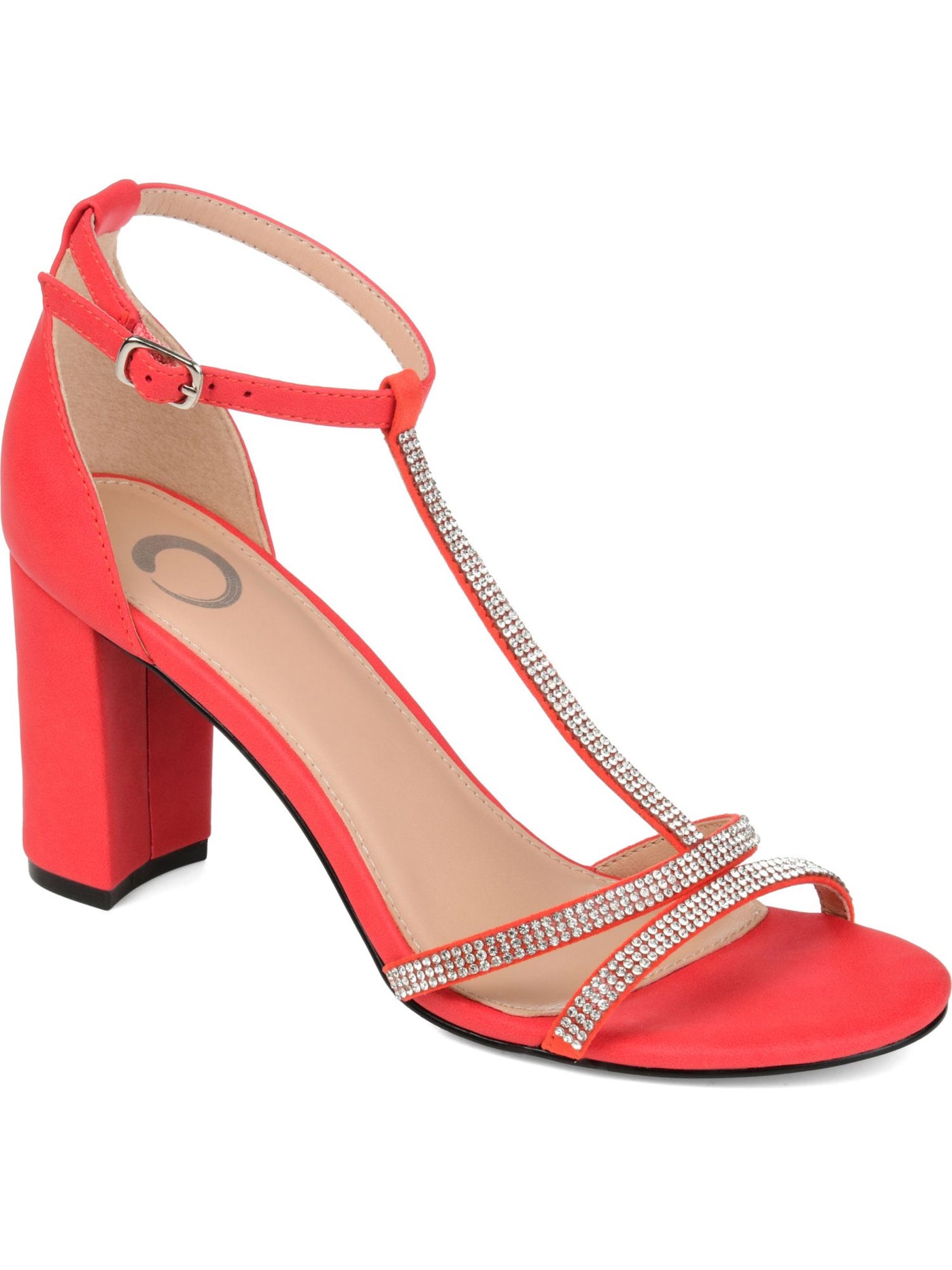 JOURNEE COLLECTION Womens Red T-Strap Rhinestone Denali Round Toe Block Heel Buckle Dress Pumps Shoes 7.5 M