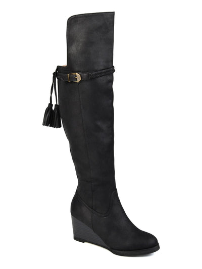 JOURNEE COLLECTION Womens Black Tassel Cushioned Buckle Accent Braided Jezebel Round Toe Wedge Zip-Up Boots Shoes 7.5