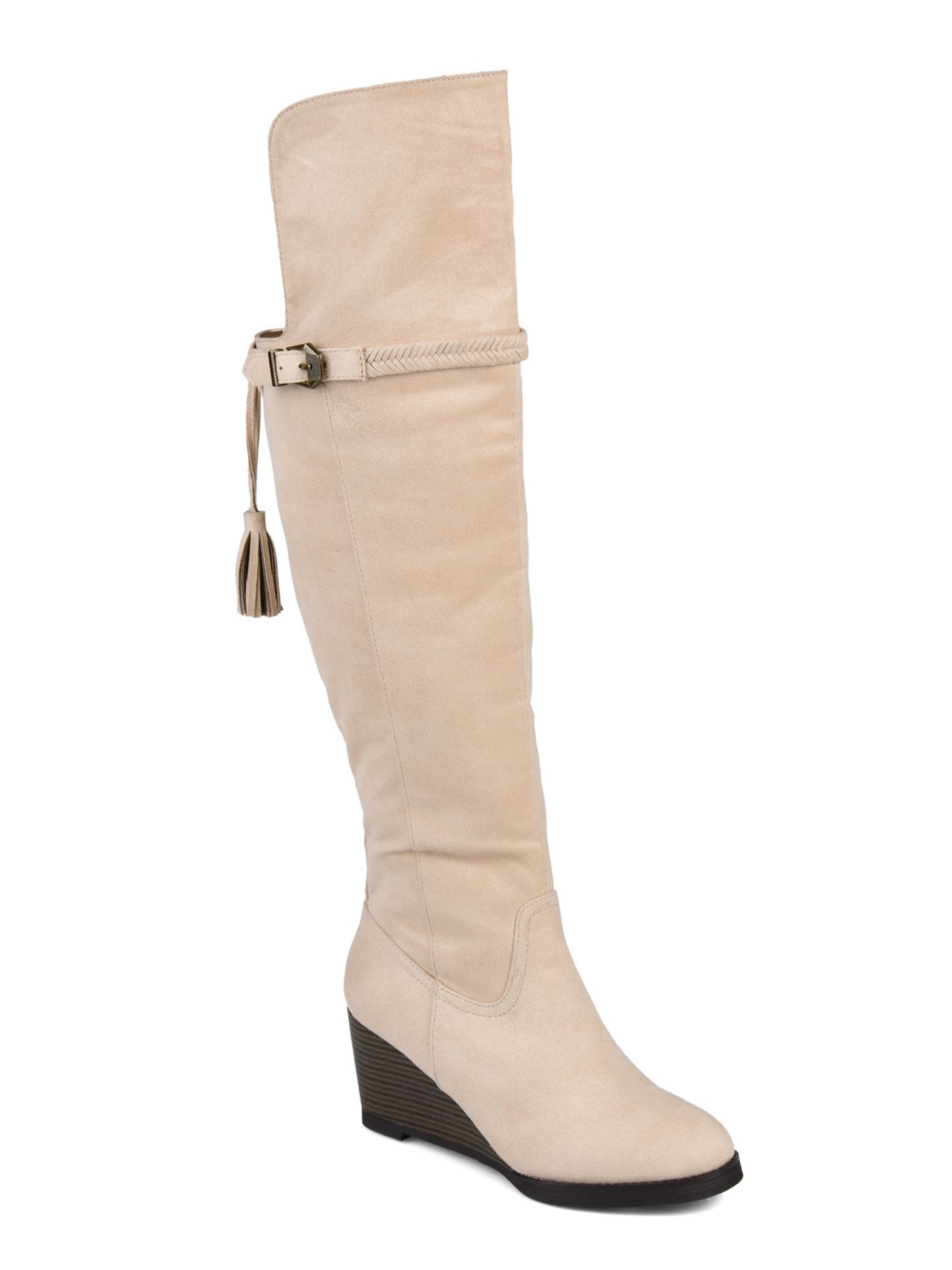 JOURNEE COLLECTION Womens Ivory Fishbone Braided Strap Padded Tasseled Jezebel Almond Toe Wedge Zip-Up Heeled Boots 6 M