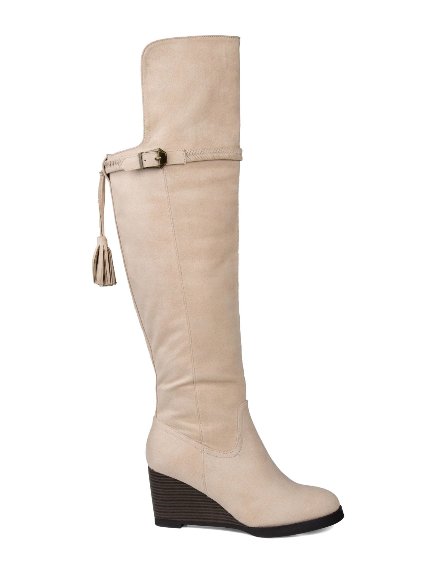 JOURNEE COLLECTION Womens Ivory Fishbone Braided Strap Padded Tasseled Jezebel Almond Toe Wedge Zip-Up Heeled Boots 6 M
