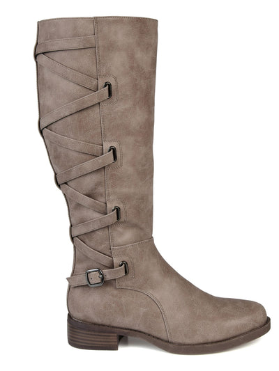 JOURNEE COLLECTION Womens Beige Padded Stretch Gore Lace-Up Detail Buckle Accent Extra Wide Calf Carly Round Toe Block Heel Zip-Up Riding Boot 6.5 XWC