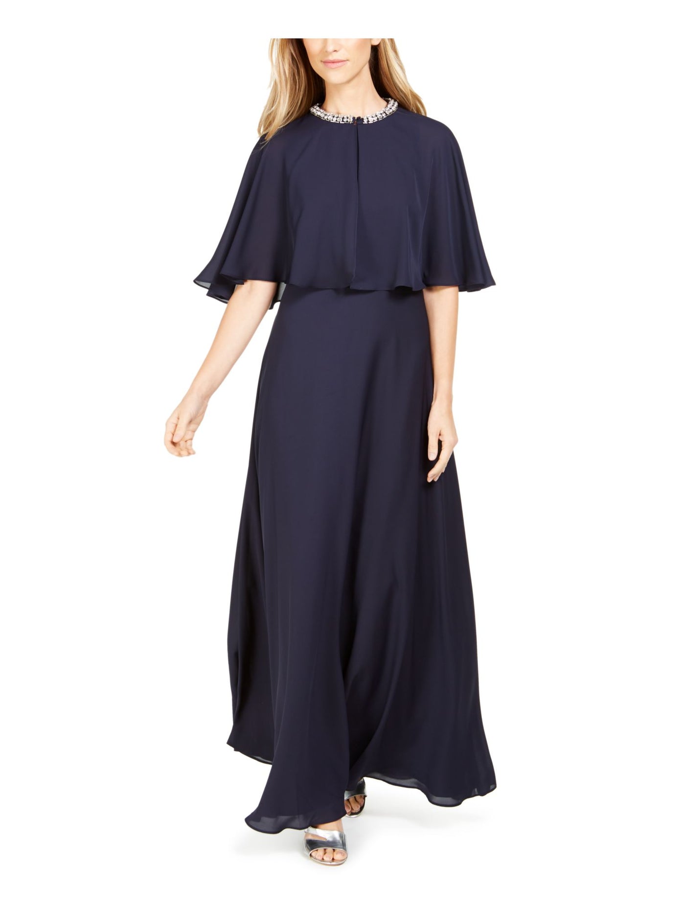 CALVIN KLEIN Womens Navy Sleeveless Jewel Neck Full-Length Evening Fit + Flare Dress 6